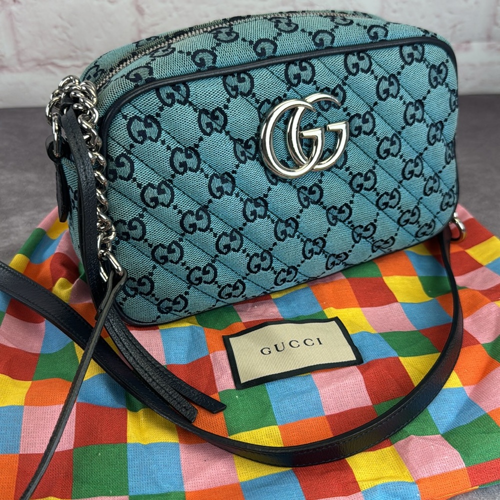 Gucci Monogram Blue Matelasse Diagonal Small GG Marmont Chain Shoulder Bag - Picture 16 of 16